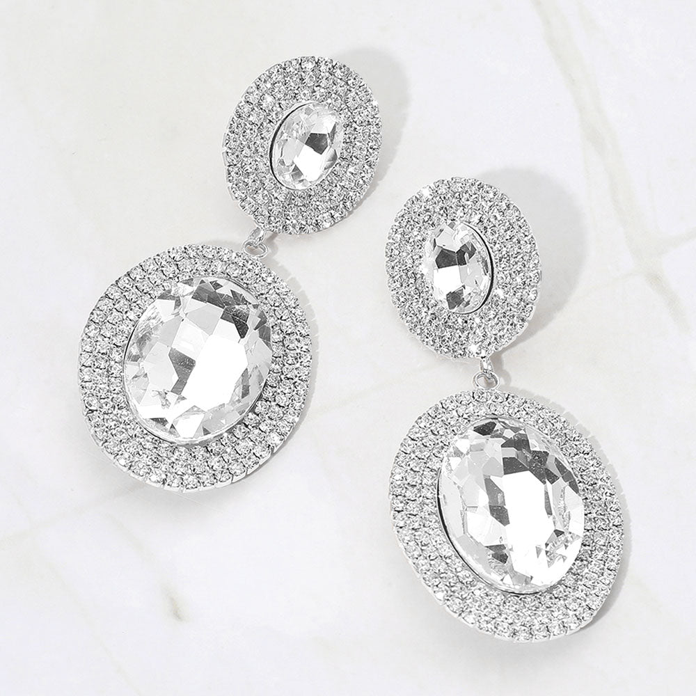 Bold Double Oval Pave Halo Link Drop Evening Earrings