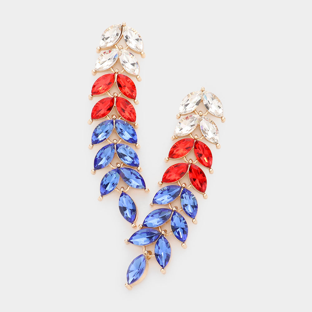 American USA Flag Marquise Stone Cluster Vine Link Drop Evening Earrings