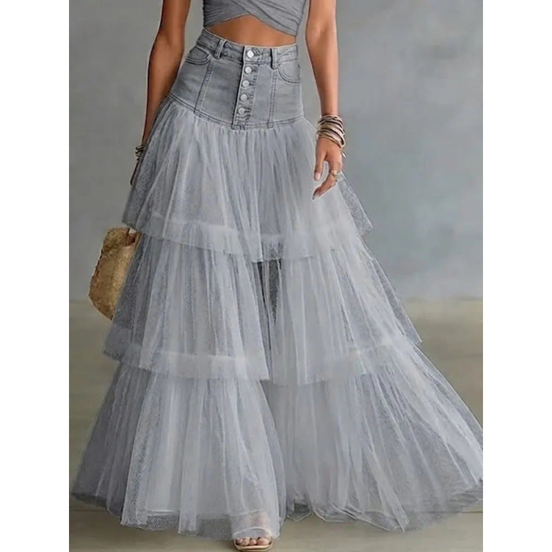 Women's Denim Waist Layered Mesh Maxi Skirt – A-Line Tulle Swing Skirt