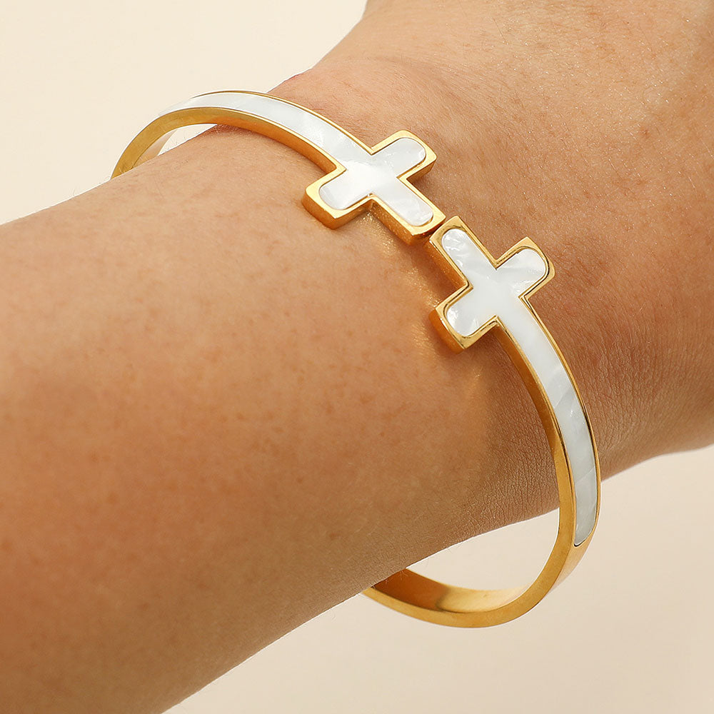 Stainless Steel Mother of Pearl Double Cross Tip Hinged Bangle Bracelet