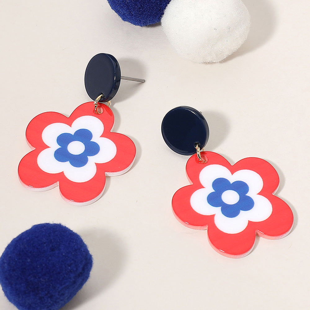 American USA Flag Colored Resin Flower Dangle Earrings