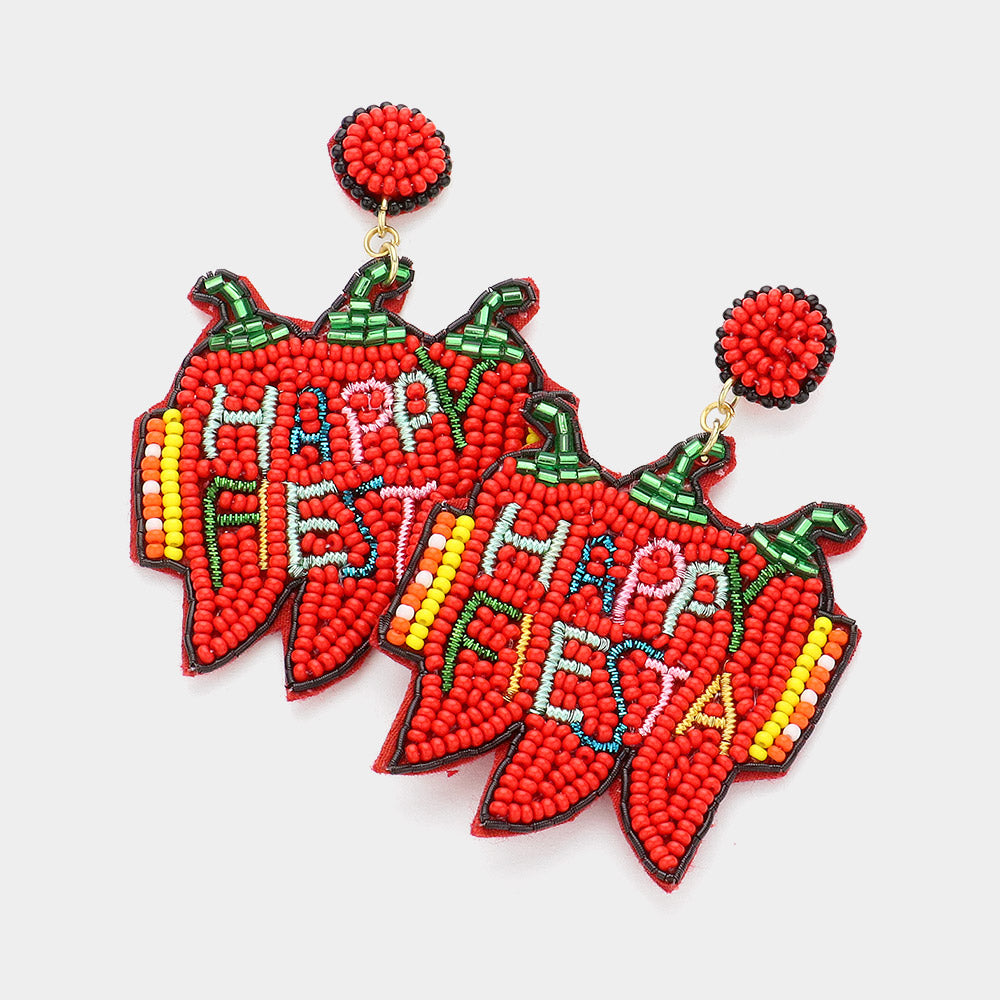 HAPPY PIESTA Message Felt Back Seed Beaded Chili Pepper Dangle Earrings