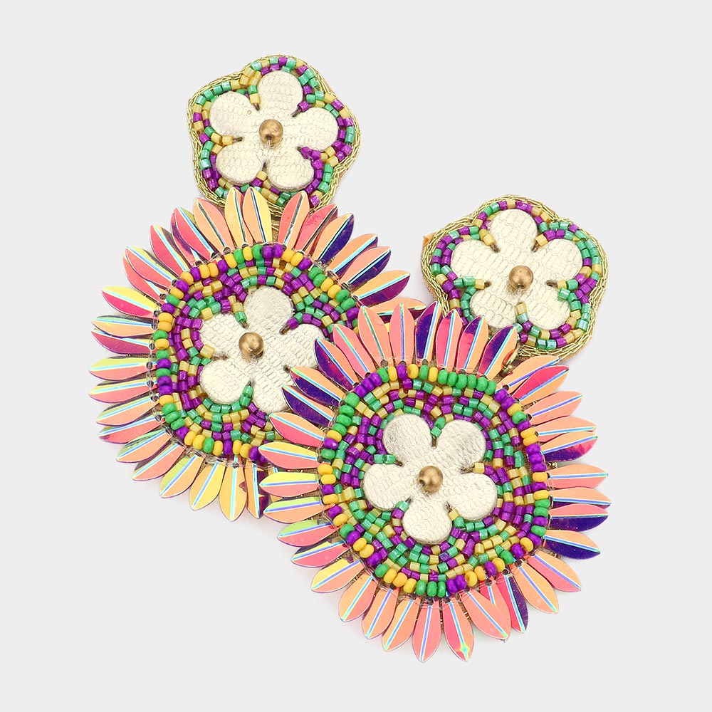 Mardi Gras Felt Back Flower Pointed Seed Beaded Round Dangle Earrings