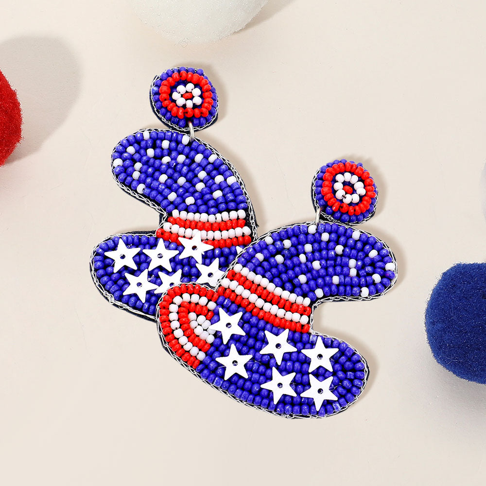 Felt Back American USA Flag Cowboy Hat Beaded Dangle Earrings