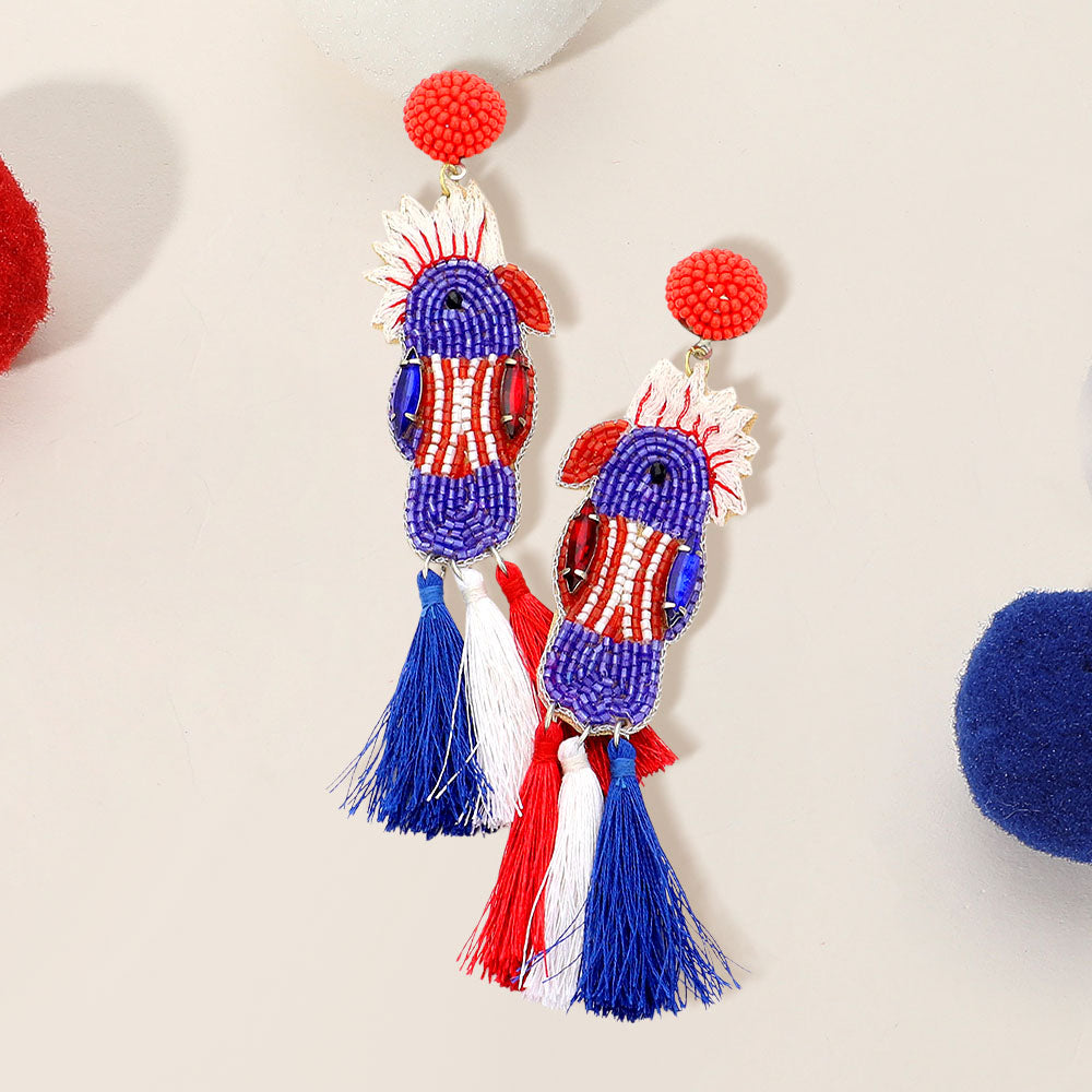 American USA Flag Parrot Beaded Tassel Earrings