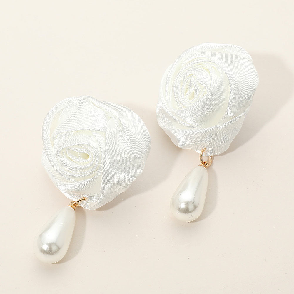 Teardrop Pearl Dangle Satin Rose Earrings