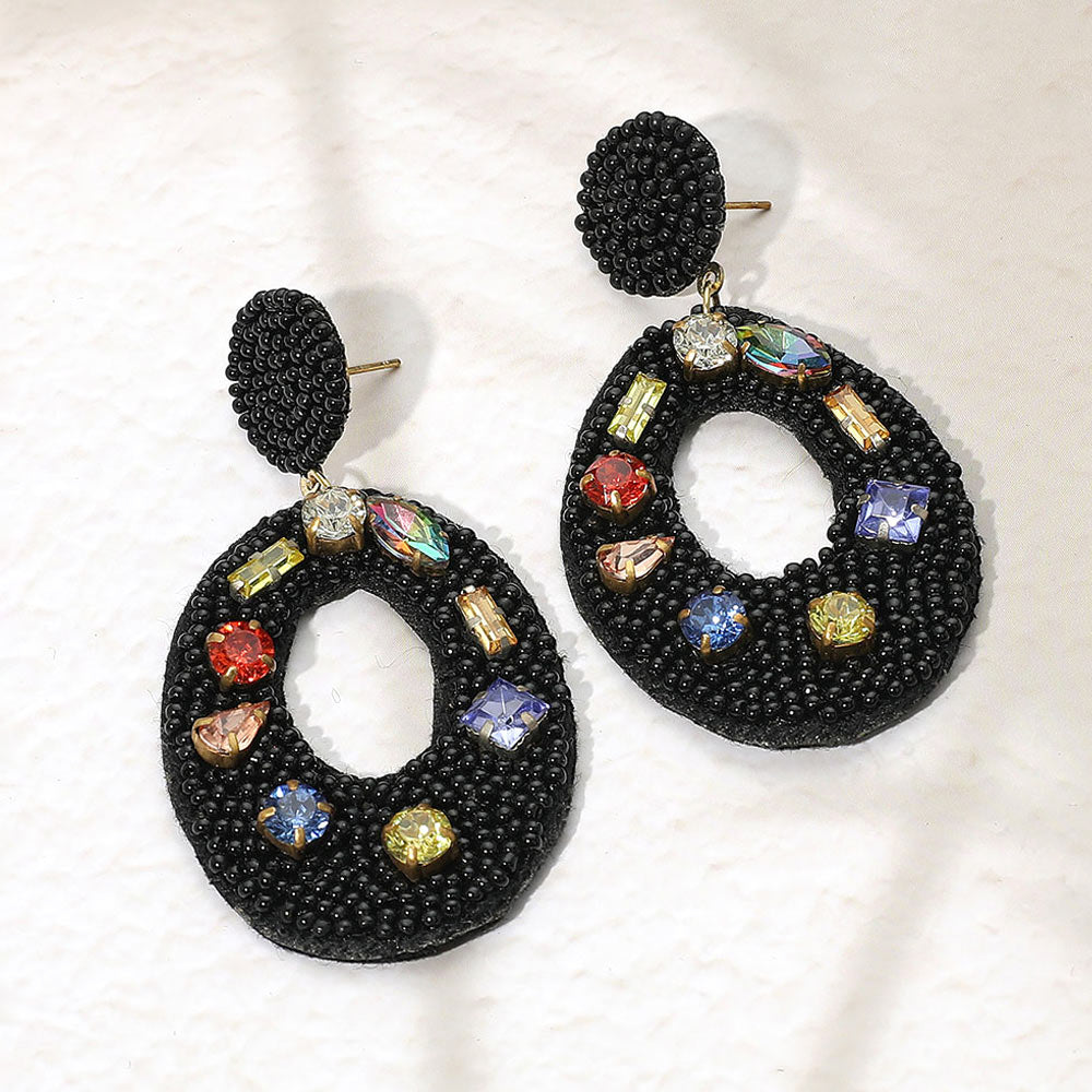 Multi Stone Embellished Seed Beaded Cutout Oval Dangle Earrings