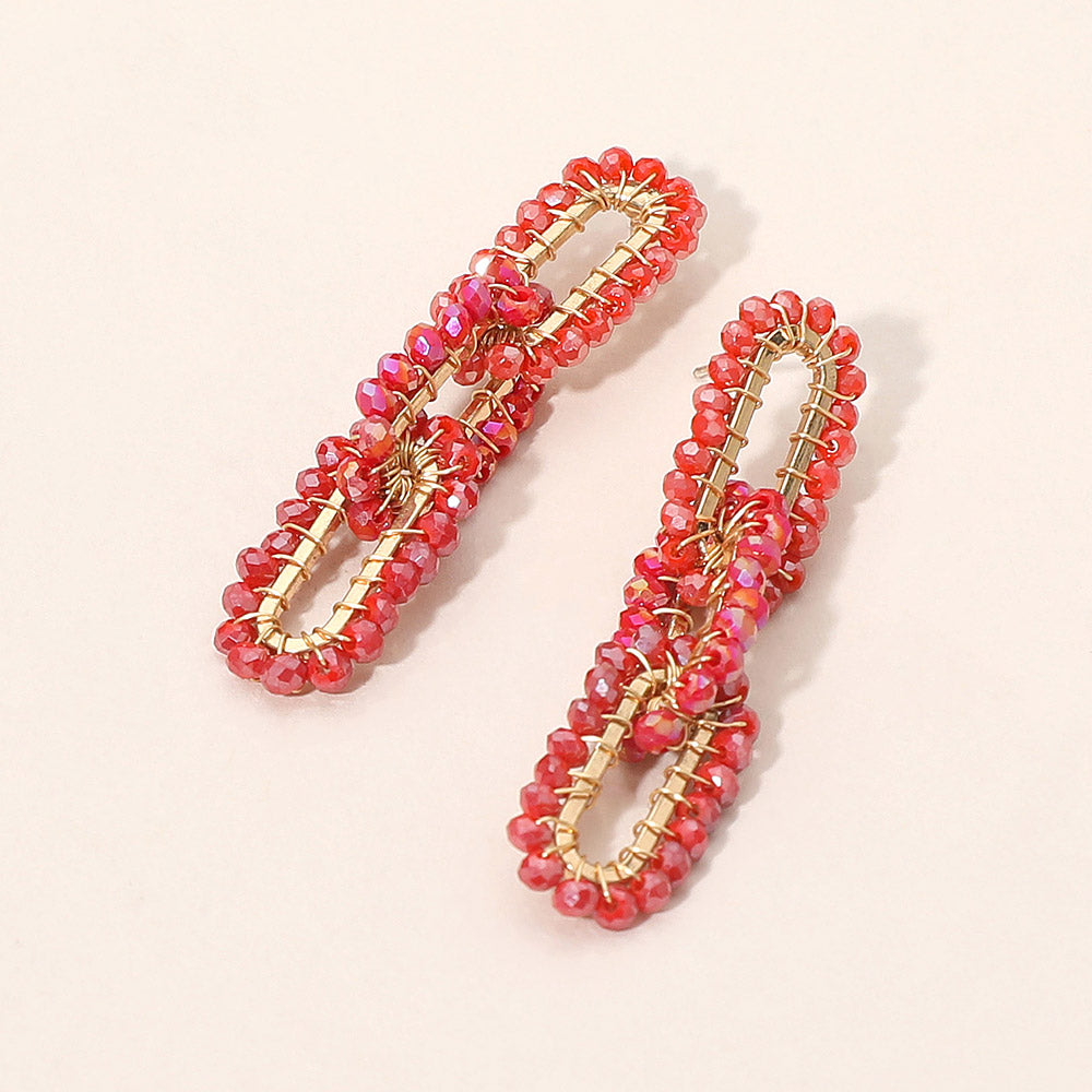 Faceted Bead Wrapped Triple Open Metal Oval Link Dangle Earrings