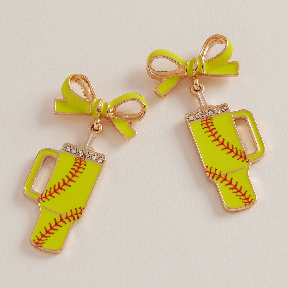 Bow Softball Themed Tumbler Dangle Earrings