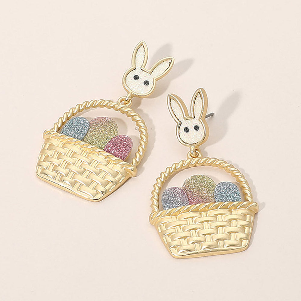 Bunny Glitter Easter Egg Basket Charm Dangle Earrings