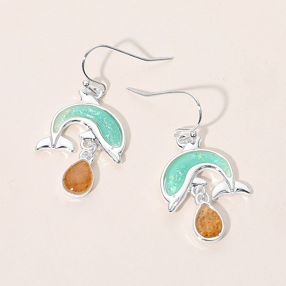Dolphin Teardrop Charm Dangle Earrings