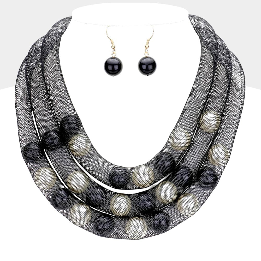 Triple Mesh Tube Pearl Collar Necklace