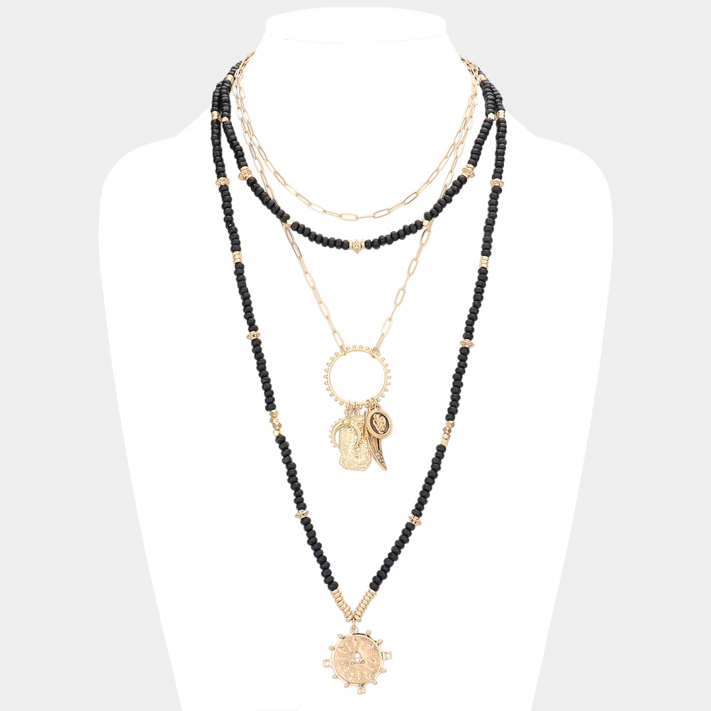 Double Horn Evil Eye Centered Pendant Wood Beaded Multi Layered Necklace
