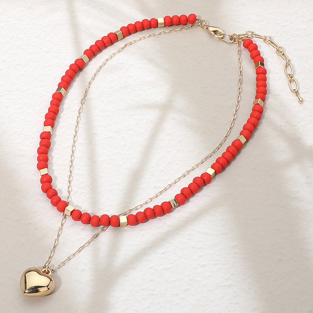 Puffy Metal Heart Pendant Accent Wooden Ball Beaded Layered Necklace