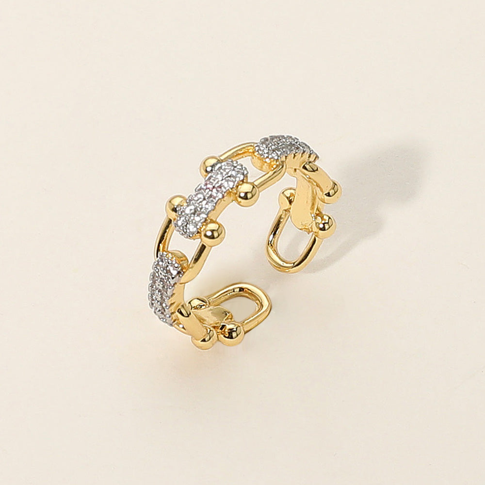 SECRET BOX_14K Gold Dipped Stone Paved Link Industrial Chain Design Adjustable Ring