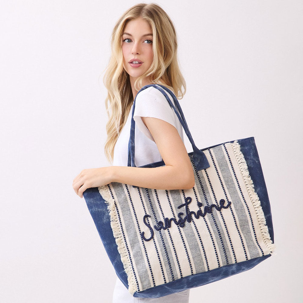Vintage SUNSHINE Message Stripe Fringe Tote Bag