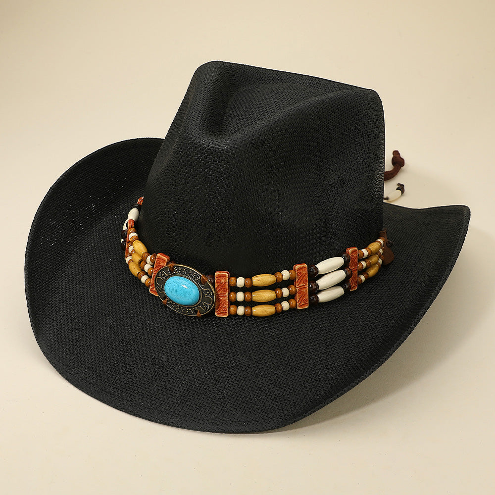 Western Oval Turquoise Concho Buckle Wooden Beaded Band Cowboy Fedora Hat