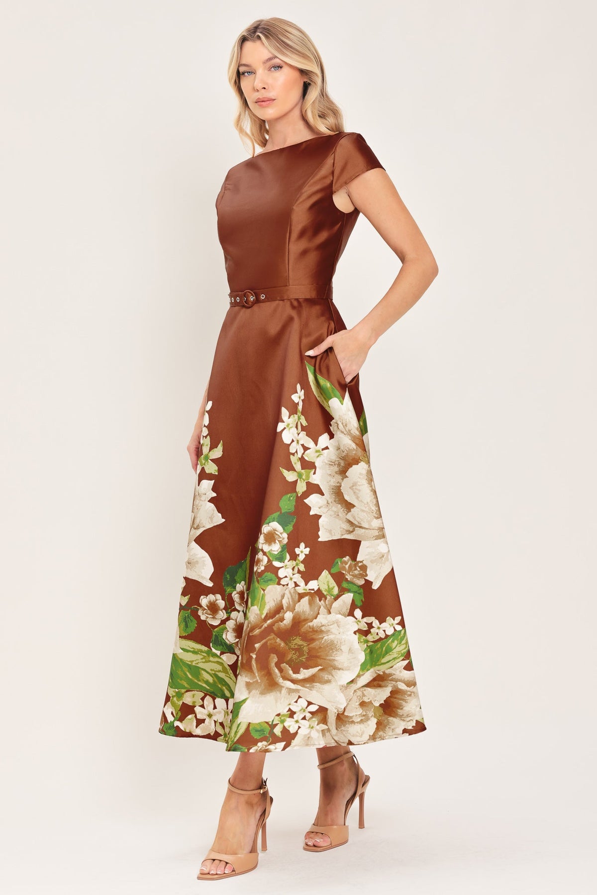 RUST REVERIE RUST PRINTED BELTED CIRCLE-SKIRT MIDI DRESS