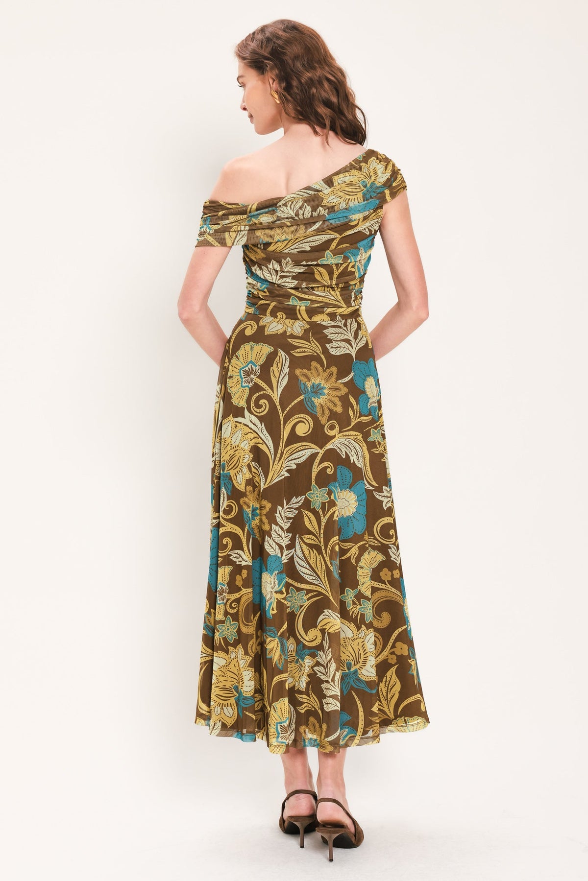 TEAL TEMPTATION BROWN/TEAL DRAPED ONE-SHOULDER MESH MIDI DRESS