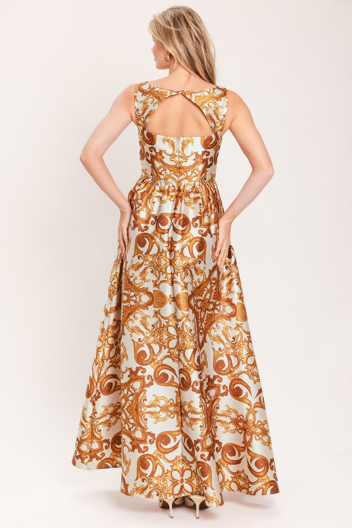 RUSTIC BLOOM RUST PRINTED FULL-SKIRT MAXI DRESS