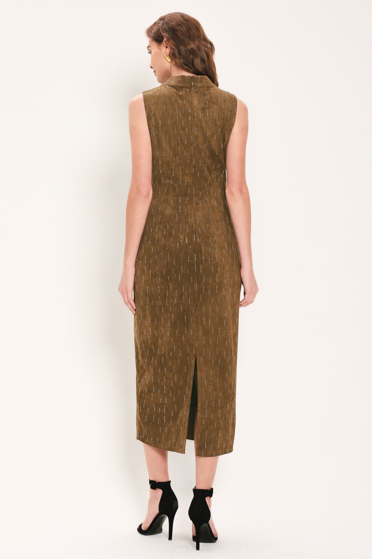 WALNUT GLOW EMBELLISHED FAUX SUEDE MIDI DRESS