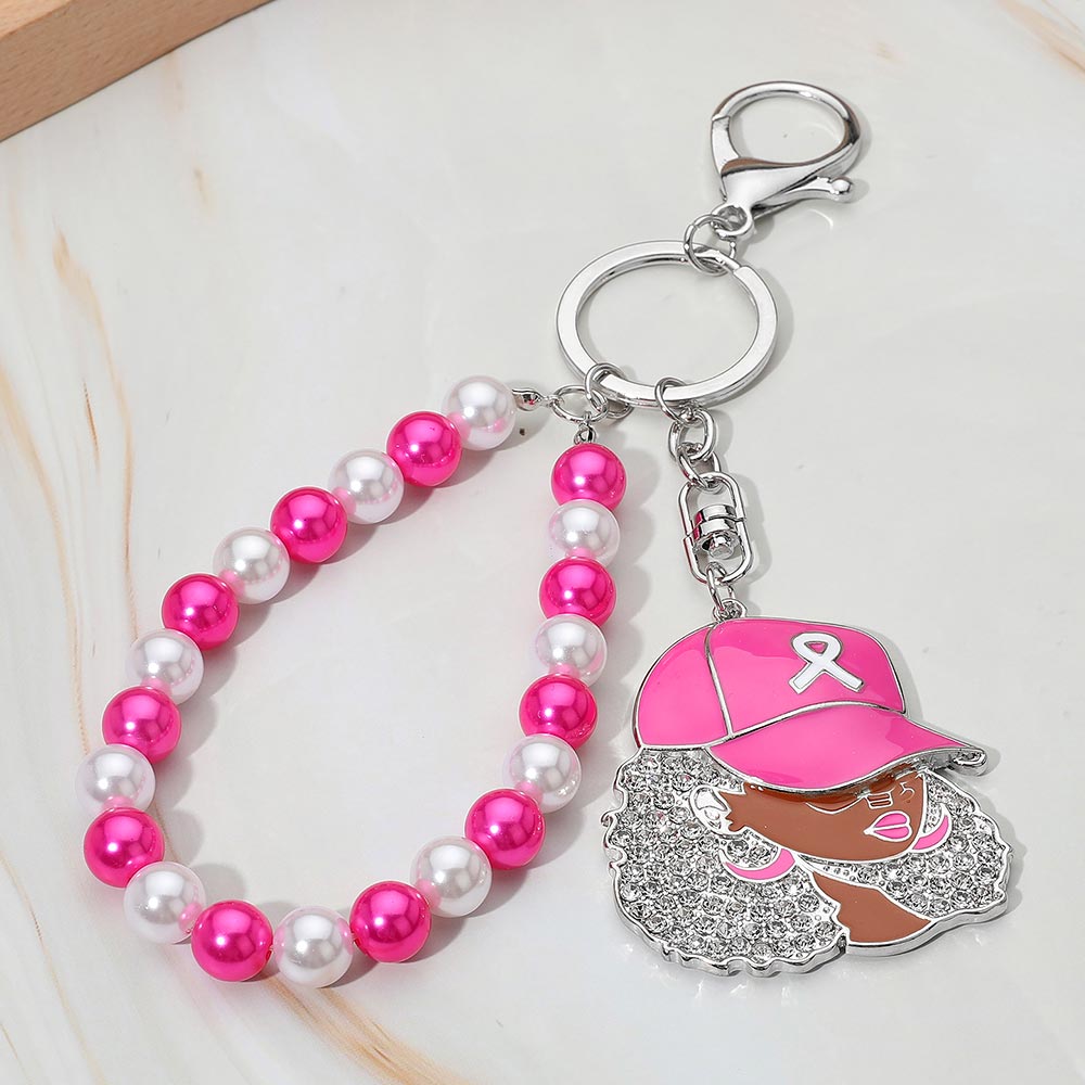 Rhinestone Paved Cool Afro Woman in Awareness Pink Ribbon Cap Beaded Wristlet Keychain / Bag Charm