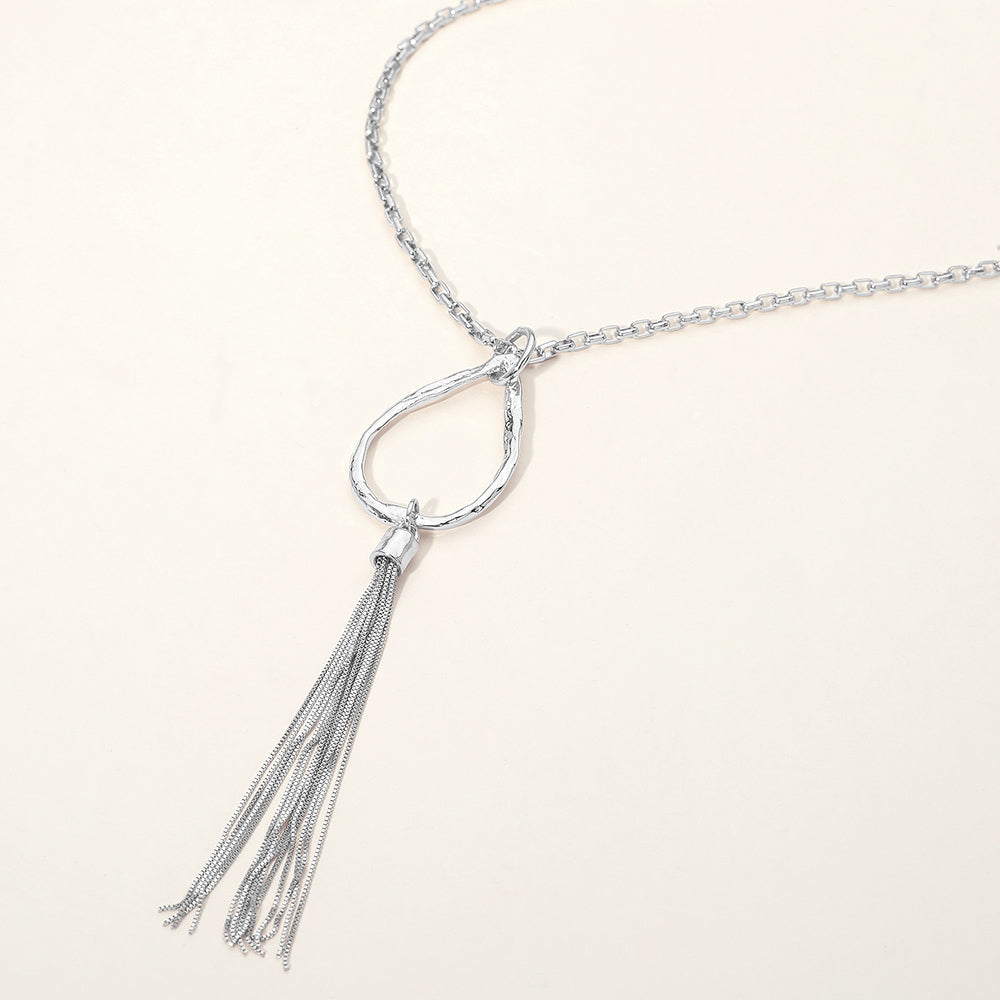 Open Teardrop Tassel Drop Pendant Long Necklace