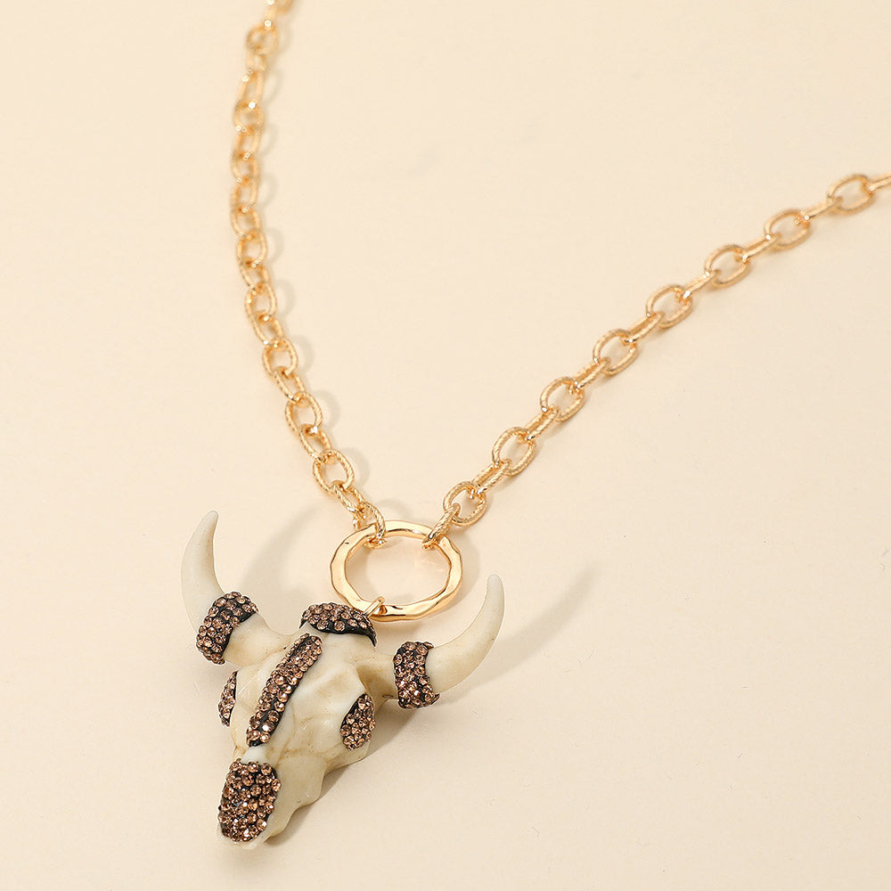 Bling Studded Western Bull Skull Pendant Long Necklace