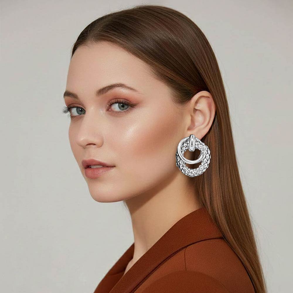 Bold Textured Metal Interlinked Hoop Drop Earrings