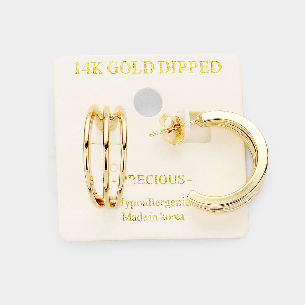 14K Gold Dipped Triple Layered Metal Hypoallergenic Half Hoop Earrings