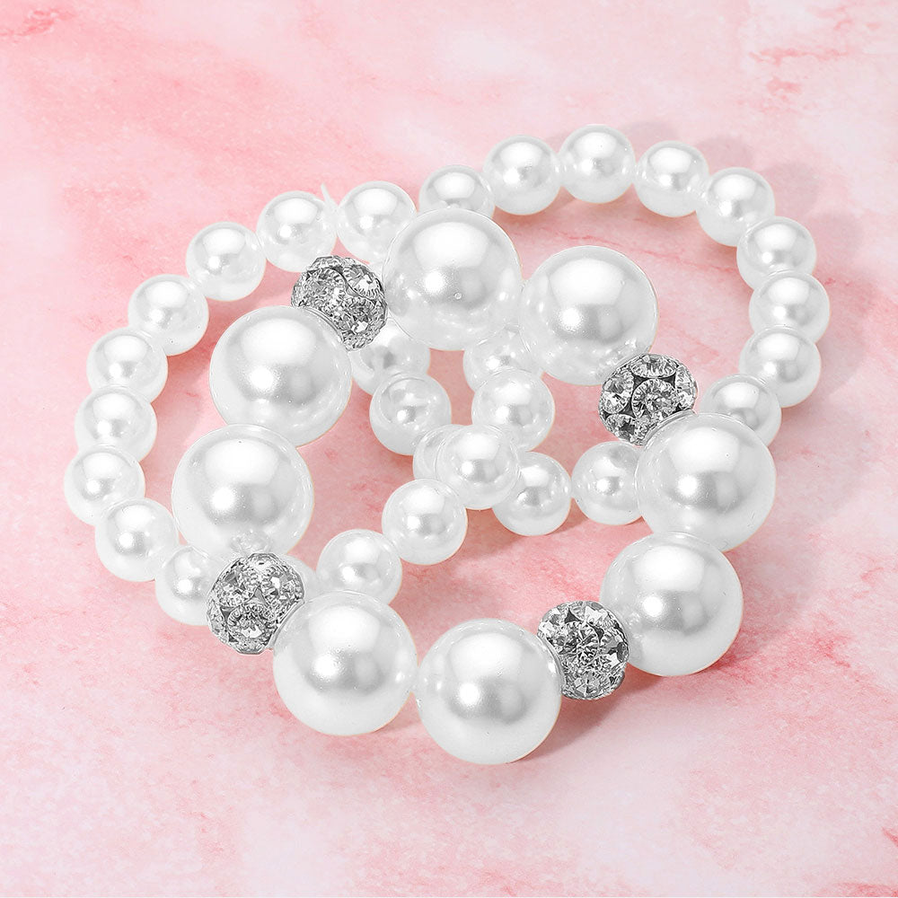 3PCS - Pearl Stone Ball Beaded Stretch Multi Layered Bracelets