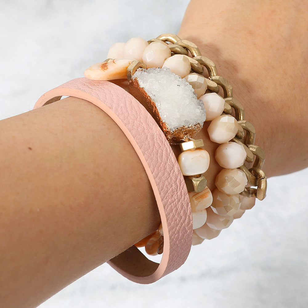 4PCS -Genuine Druzy Accented Bead Stretch Layered Bracelets