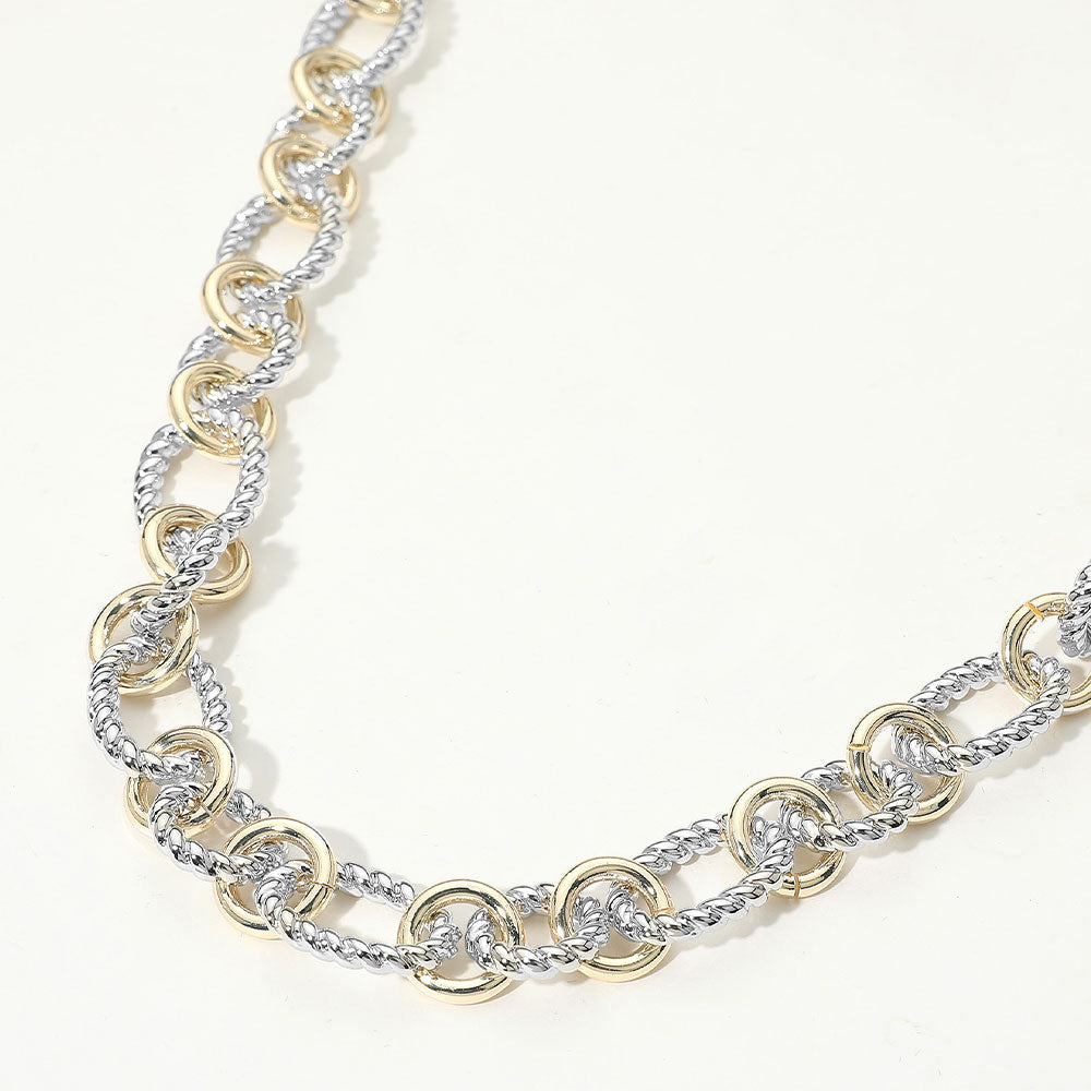 14K Gold Plated Two Tone Polished Round Accent Twisted Link Chain Necklace