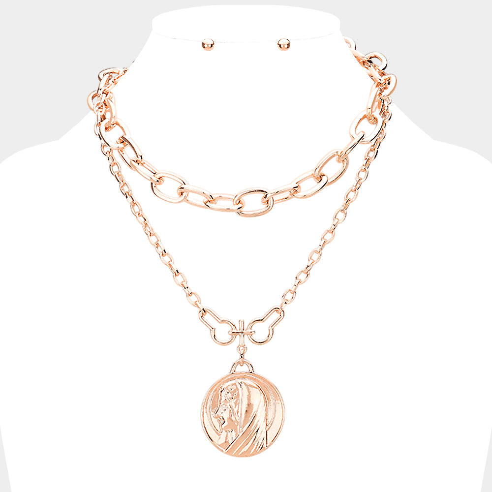 Layered Saint Mary Metal Pendant Necklace