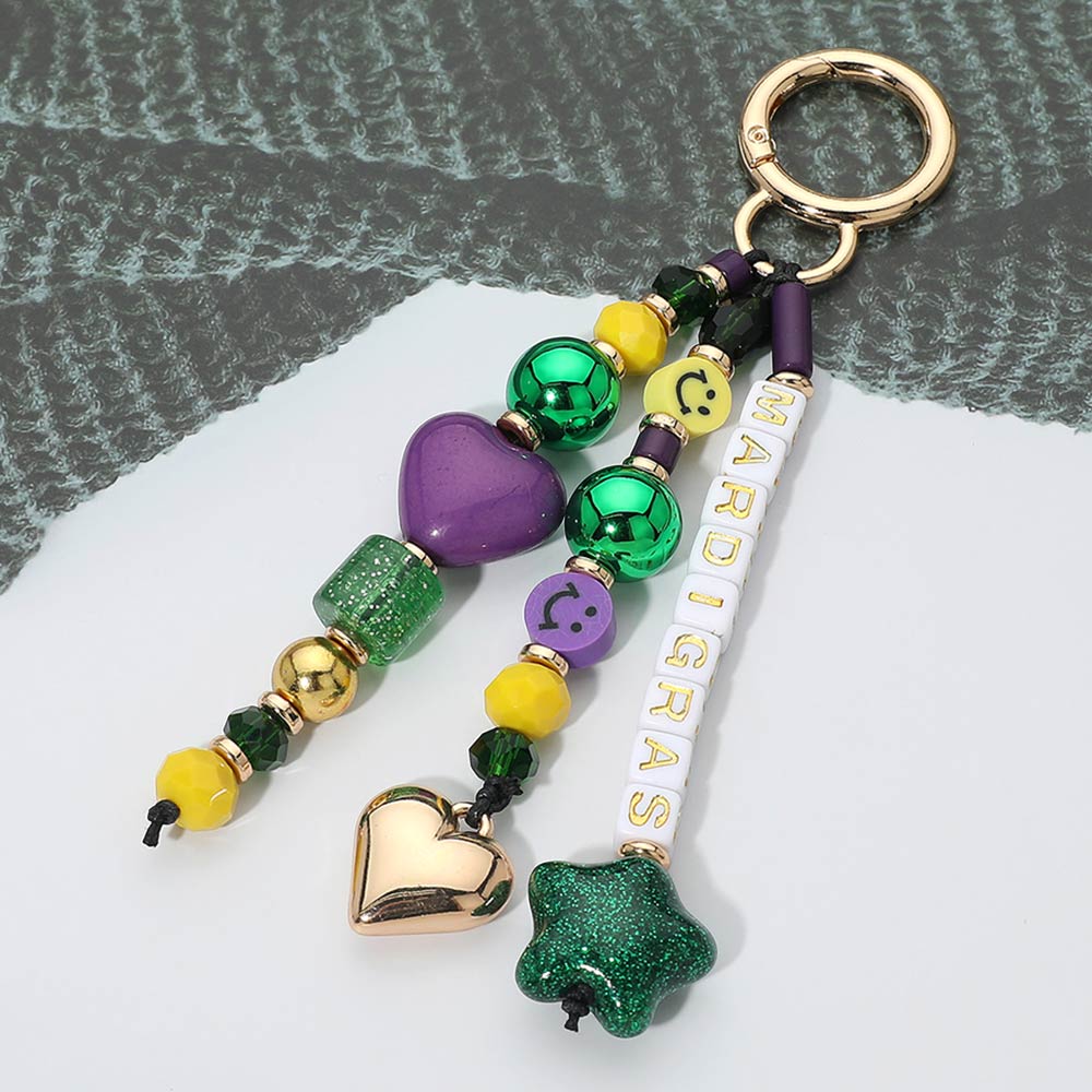 Mardi Gras Heart Star Charm Beaded Drop Keychain Bag Charm