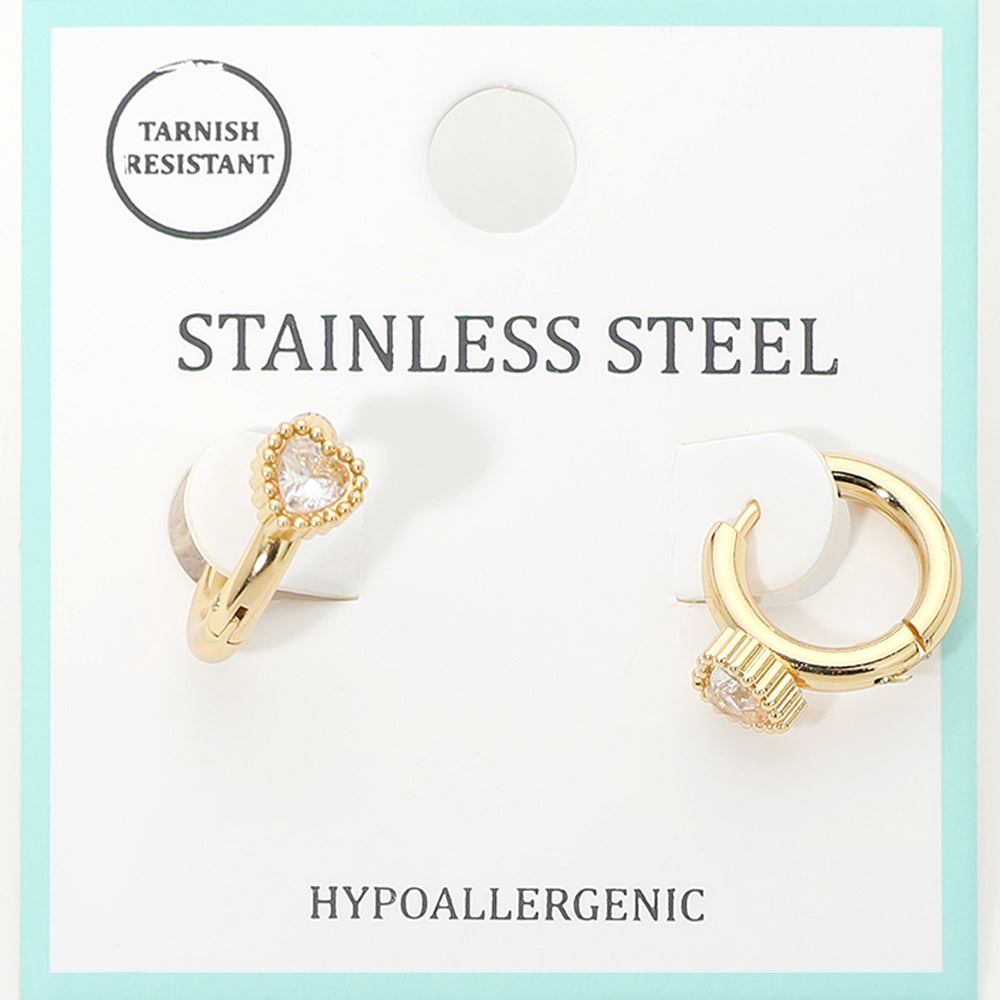 Stainless Steel Heart Stone Accent Mini Huggie Hoop Earrings