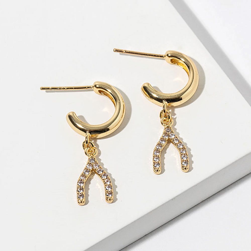 Gold Dipped CZ Stone Paved Wishbone Drop Dangle Mini Hoop Earrings