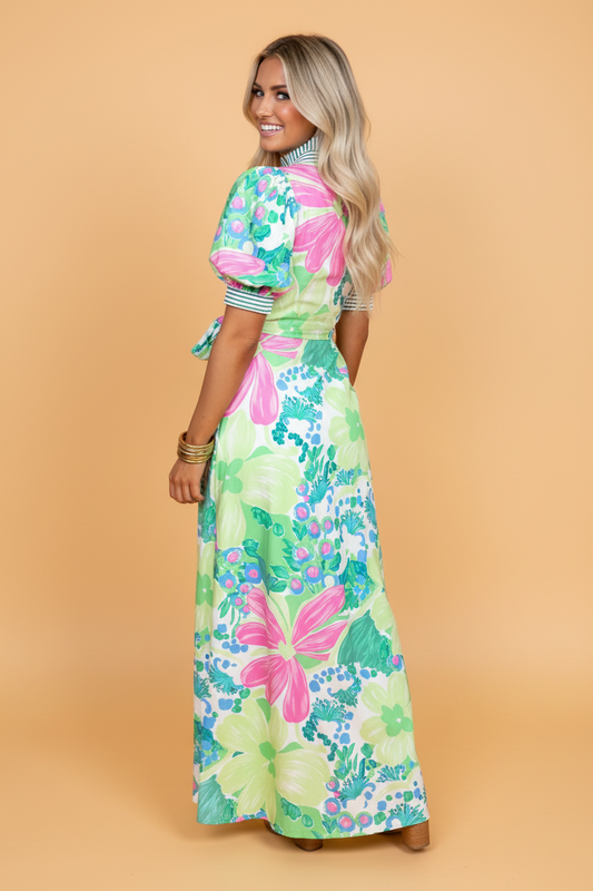 Floral Stripe Trim Button Down Vacation Dress