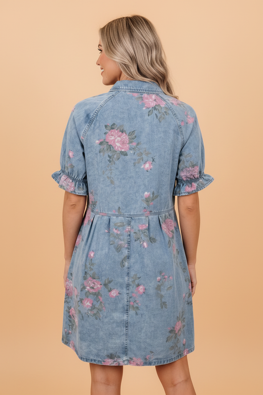 Floral Denim Short Sleeve Button Down Dress