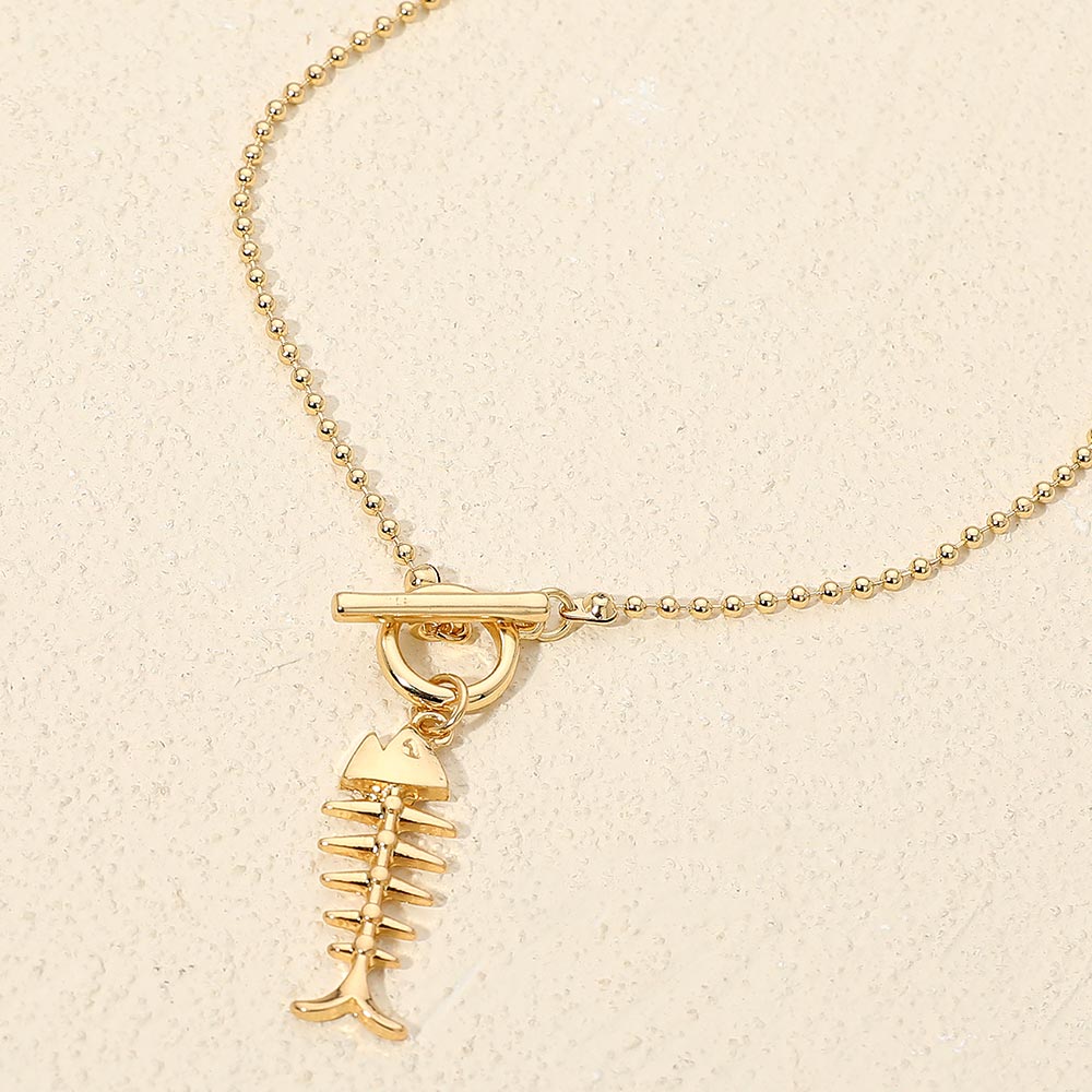 Metal Fishbone Toggle Pendant Beaded Chain Necklace