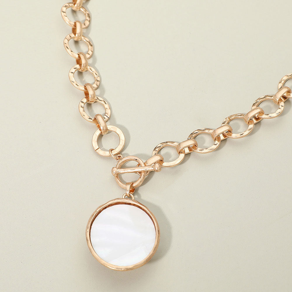 Bold Oval Mother of Pearl Pendant Brushed Metal Chunky Chain Toggle Necklace