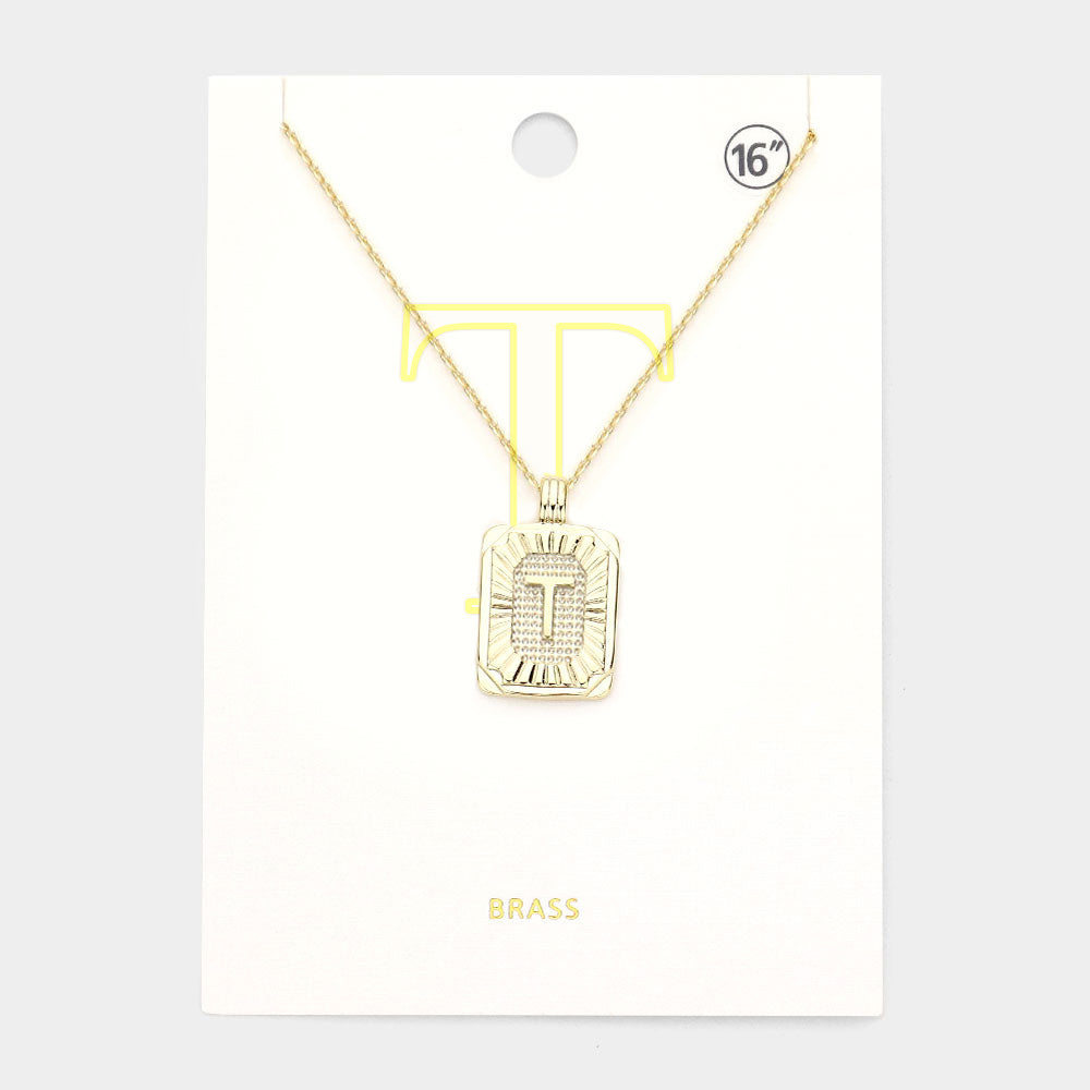 -T- Brass Metal Rectangle Initial Monogram Pendant Necklace