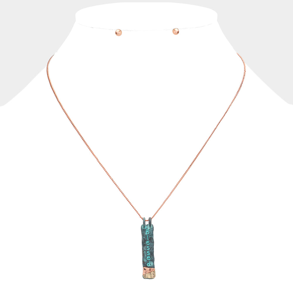 "Blessed" Hammered Metal Bar Pendant Necklace