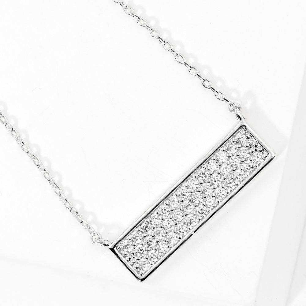 White Gold Dipped CZ Paved Bar Pendant Necklace
