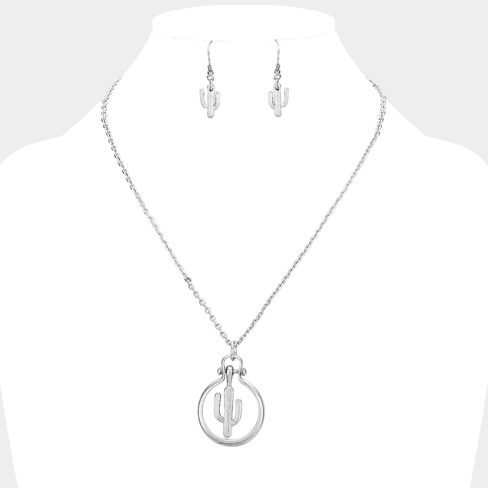 Cactus Metal Open Circle Pendant Necklace