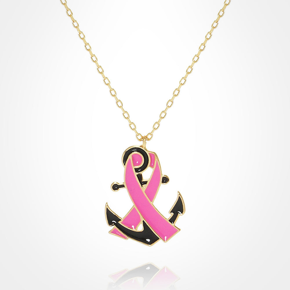 Gold Dipped Enamel Anchor Pink Ribbon Pendant Necklace
