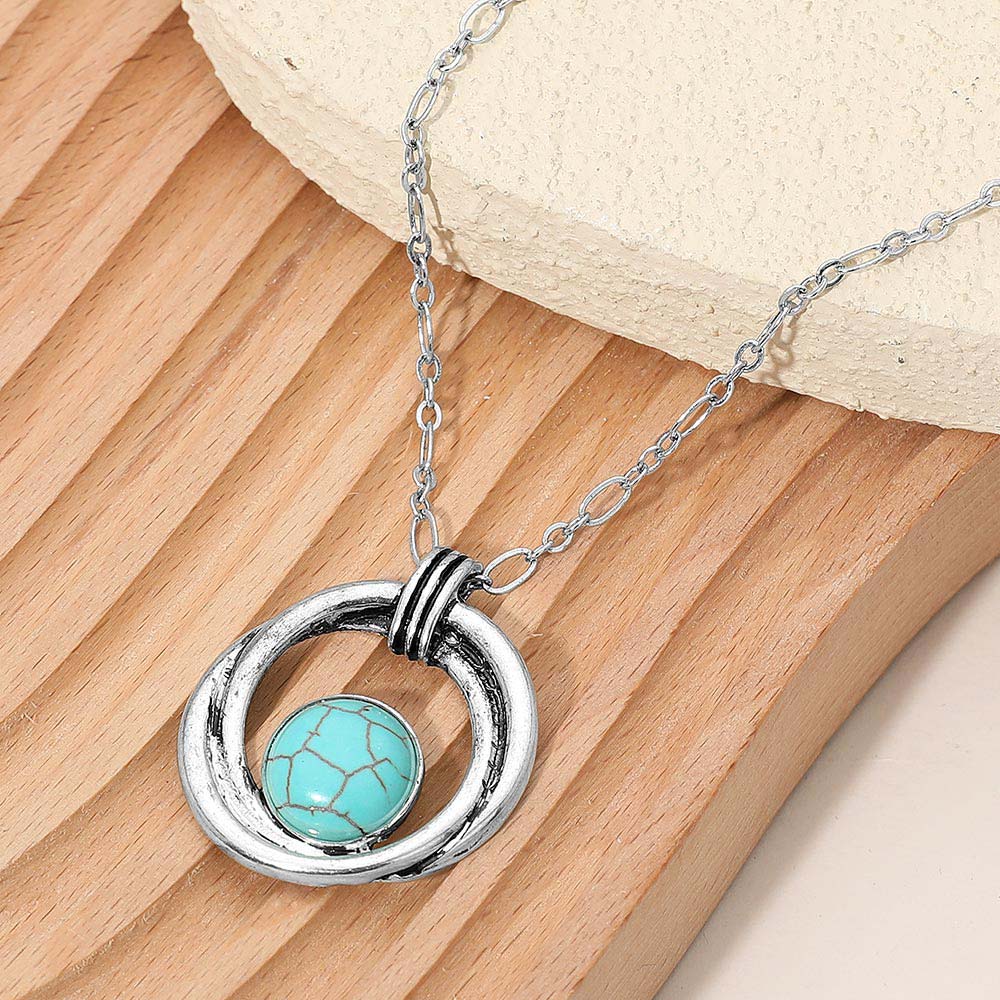 Boho Round Turquoise Stone Accent Double Open Ring Pendant Necklace