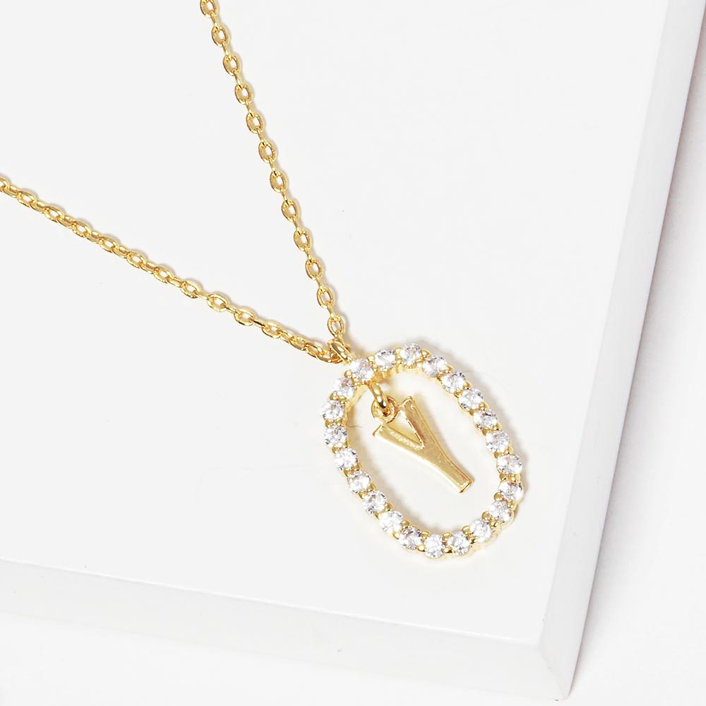 -Y- Gold Dipped Metal Initial Monogram Rhinestone Oval Link Pendant Necklace