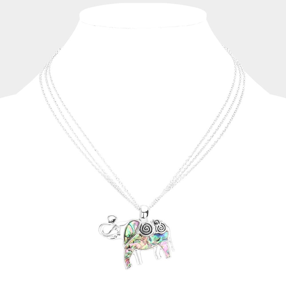 Abalone Metal Elephant Pendant Triple Chain Layered Necklace
