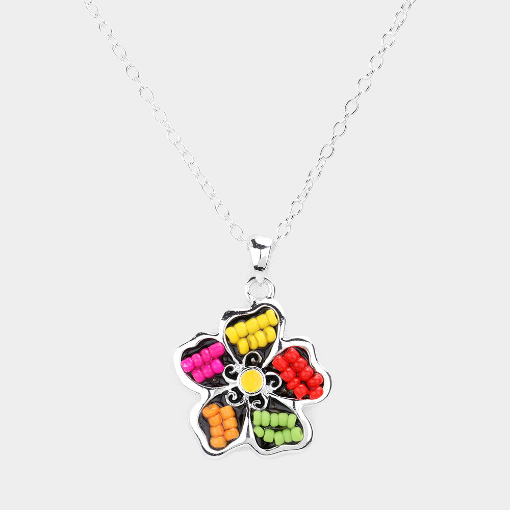 Seed Bead Embellished Flower Pendant Necklace